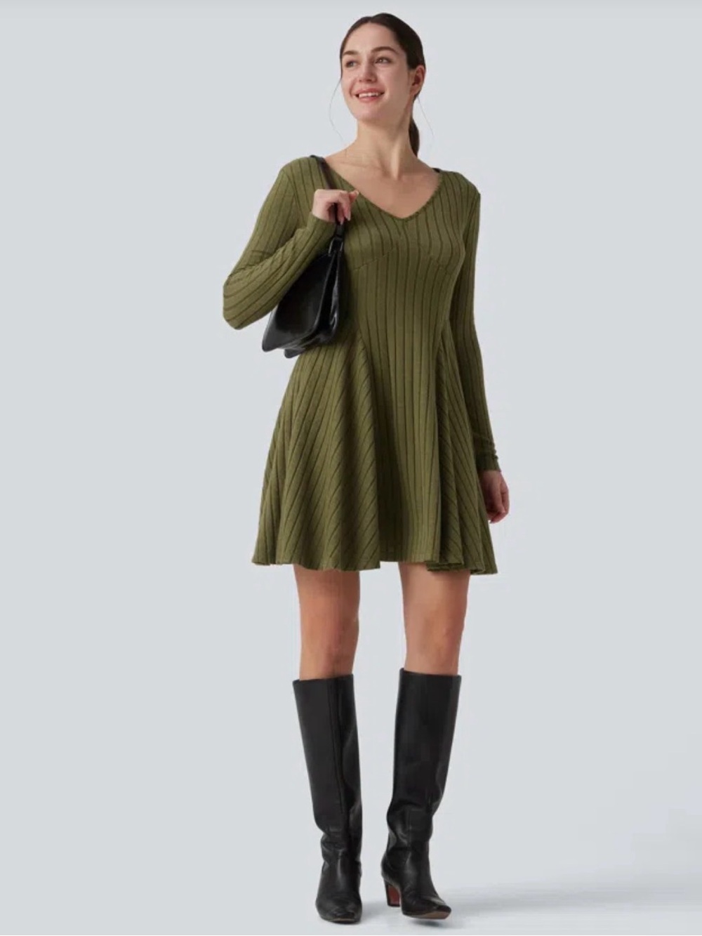 HALARA Green Ribbed Fit-and-Flare Long Sleeve Dress Size Small